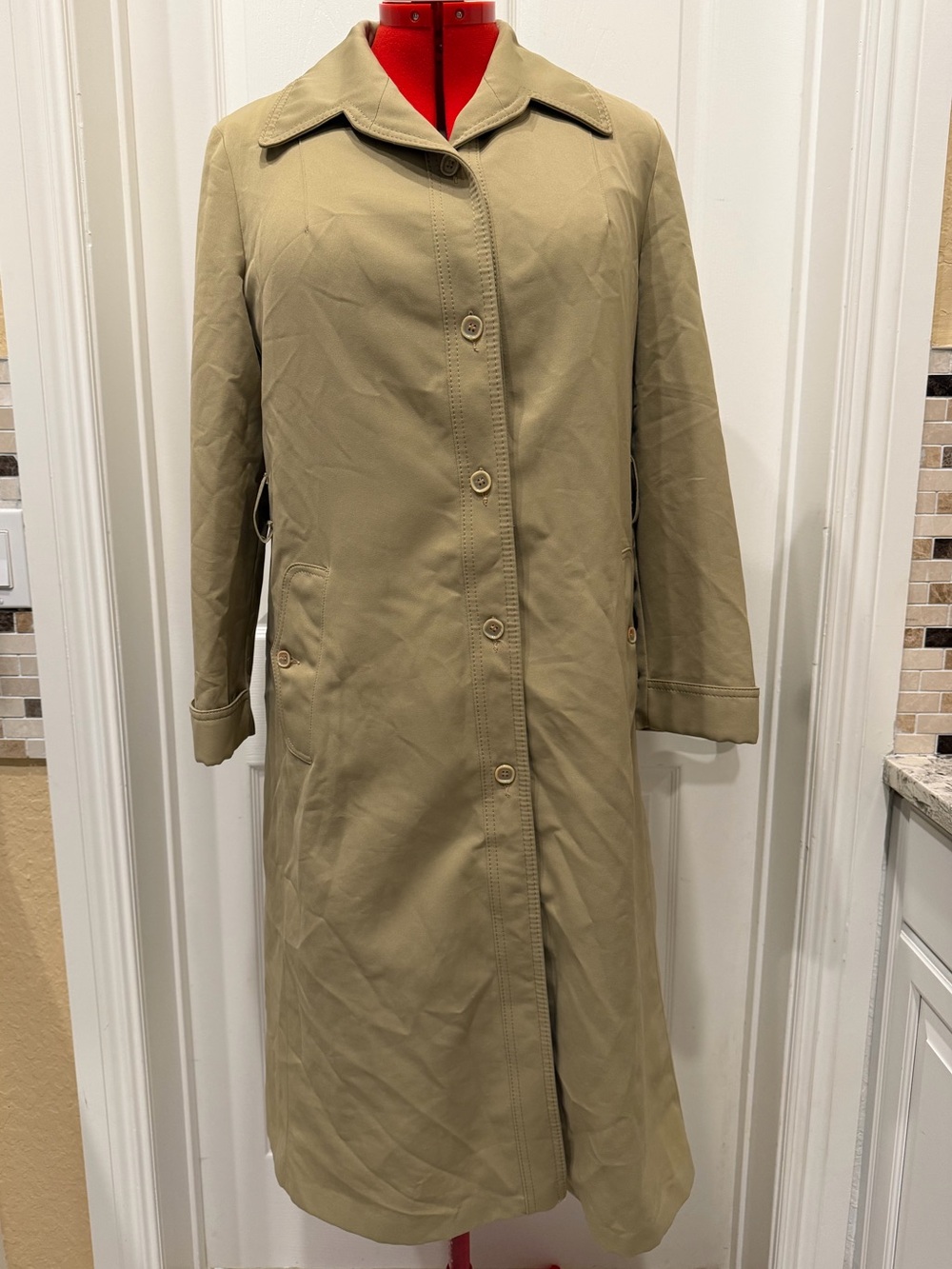 Vintage 70s Forecaster Boston Khaki Trench Coat 13/14 Calico Lining No Belt